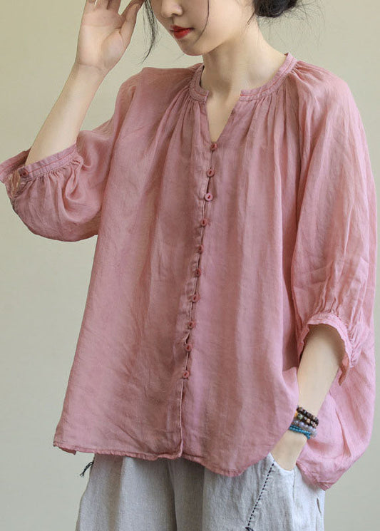 LP | Italian Rose Flower V-Neck Button Loose Autumn Half Sleeve Blouse Top